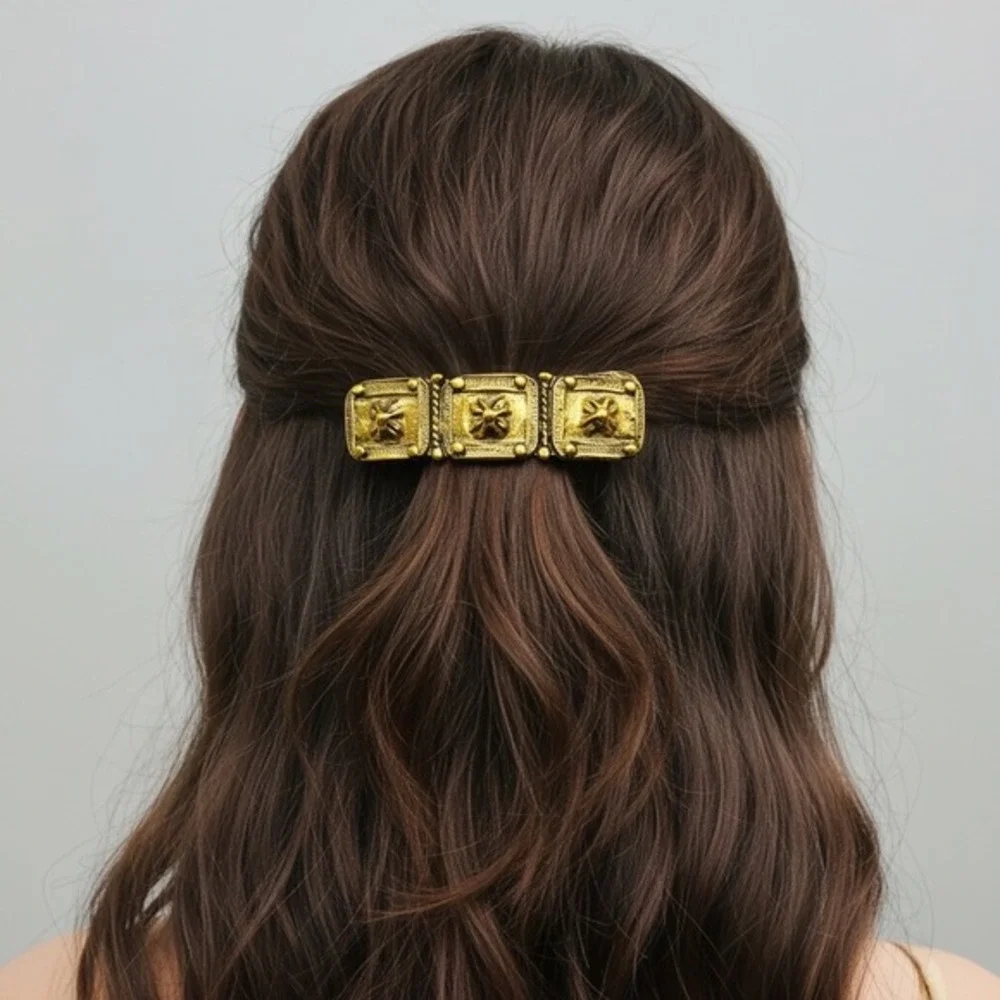 Vintage Made In French Textured Gold Toned Damascene‎ Style Hair Clip Barrette